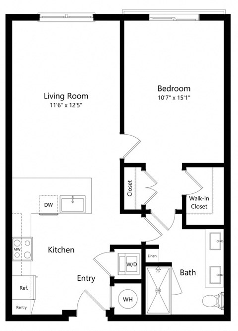 Floor plan for 1 bed, 1 bath, 741 sqft